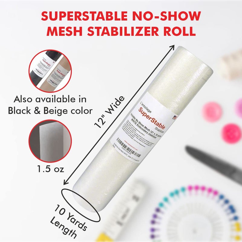 Superpunch Invisible No-Show Mesh Stabilizer, 1.5 oz Cutaway Stabilizer For Embroidery Machines-12 inch x 10 Yard Roll, SuperStable Lightweight Cut Away Machine Embroidery Backing, Made in USA (White) - Image 2